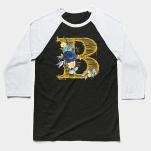 Monogram Letter B In Metallic Gold With Aesthetic Blue Flowers Botany Baseball T-Shirt